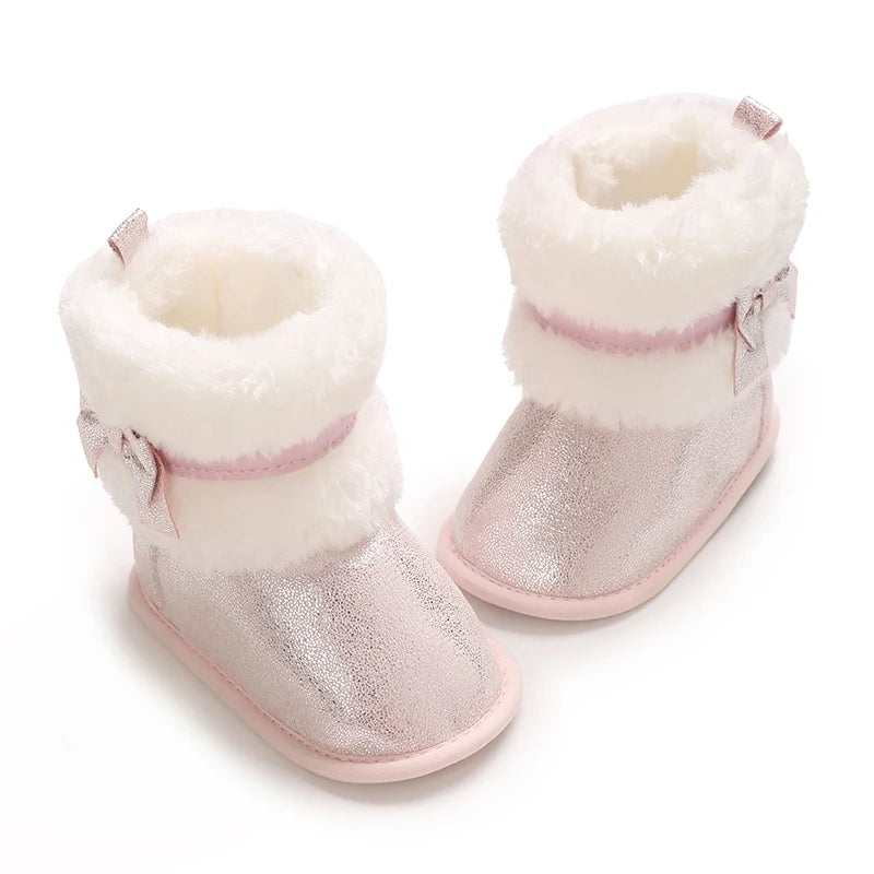 Suefunskry Newborn Baby Girl Winter Warm Plush Boots Shiny Flats with Cute Bows Casual Walking Shoes for Toddler Infant