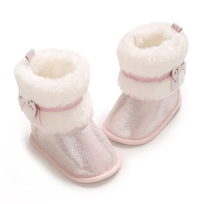 Suefunskry Newborn Baby Girl Winter Warm Plush Boots Shiny Flats with Cute Bows Casual Walking Shoes for Toddler Infant
