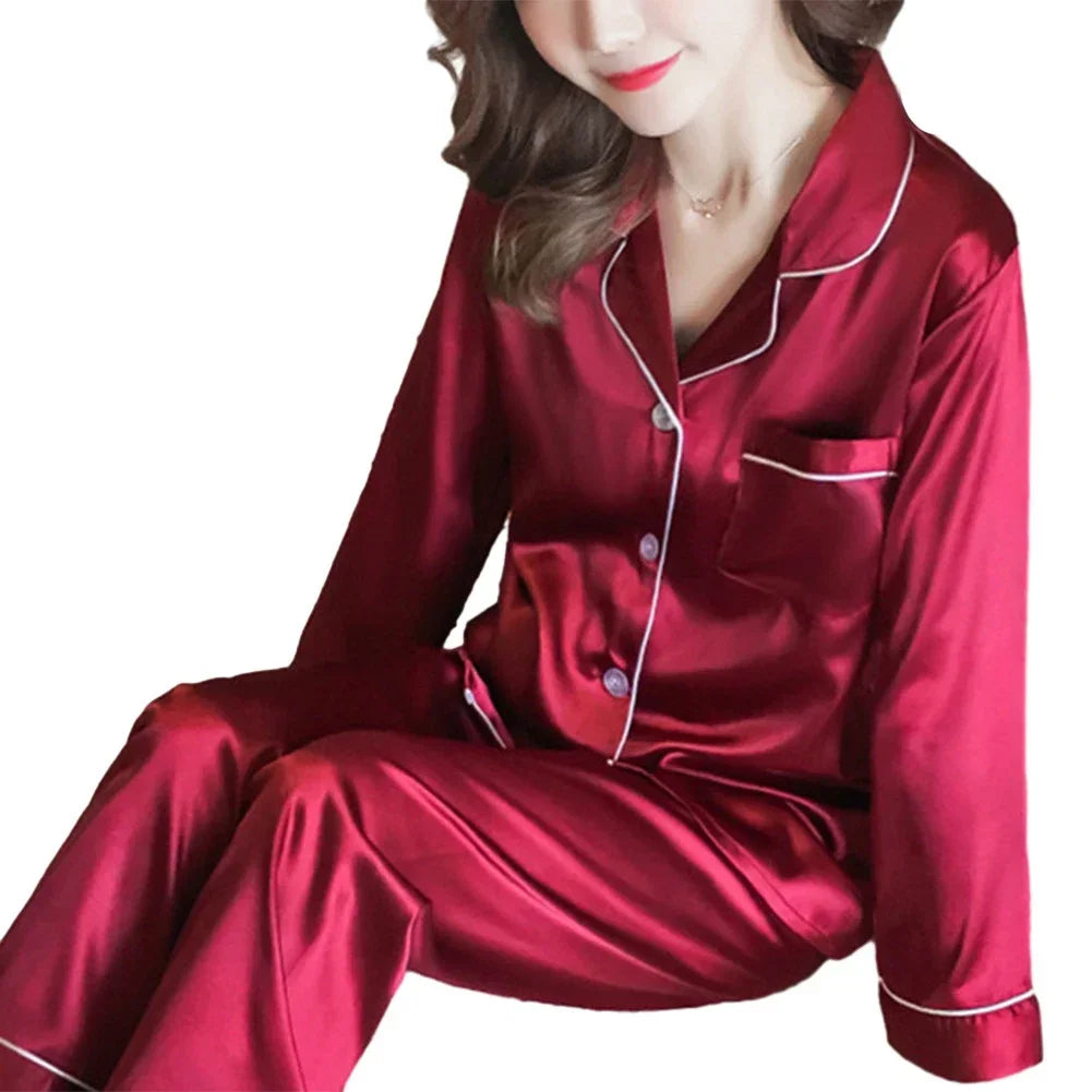 Women Satin Long Sleeve Pajama Set Lapel Top And Pants Solid Pajamas Loungewear 2025 New Arrival Drop-shipping