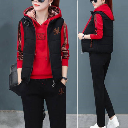 Fashion Warm Three Piece Set Women Outfit 2025 Fall Winter Thicken Tracksuit Casual Waistcoat + Hoodies + Pant Female Sweat Suit