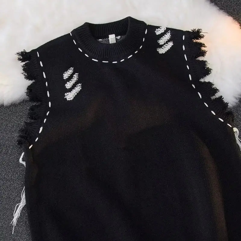 Sweater Vests Men Frayed Raw Edge Comfortable Sleeveless All-match Japanese Style Knitting Leisure Daily Chic Aesthetic Classic