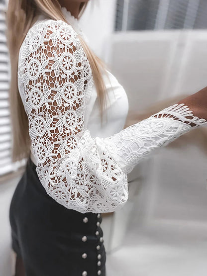 Shirts Elegant Office Ladies White Collared Lace Patchwork Hollow Out Button Up Women's Tops And Blouses 2025 Fashion New Blouse