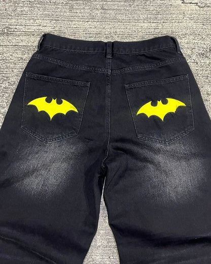 American Style Baggy Oversized Jeans Y2K Harajuku Retro Hip-hop Streetwear Gothic Bat Pattern Casual Straight Wide-leg Pants Men