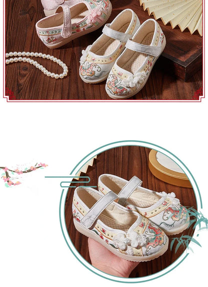 Kids Hanfu Shoes Sweet Embroidery Flower Girl Princess Shoes Fashion Chinese Ancient Style Children's Causal Flat Cloth Shoes