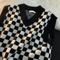 Men's Checkerboard Plaid V-neck Knitted Vest Female Spring Autumn Loose Couple Sweater Coat Sleeveless Vests Casual Tops