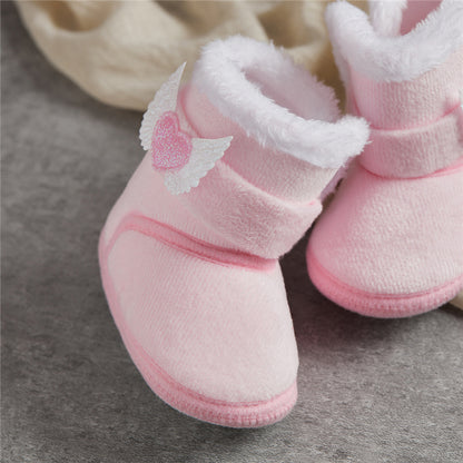 Suefunskry Newborn Baby Winter Snow Boots Contrast Color Ankle Boots Warm Plush Heart Wings Baby Walking Shoes for Toddler 0-18M