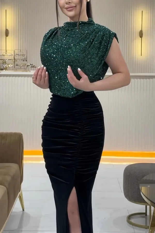 Lady Fashion Sleeveless Draped Split Dress Casual O Neck Sequin Splicing Party Dress 2025 New Year Elegant High Waist Long Dress