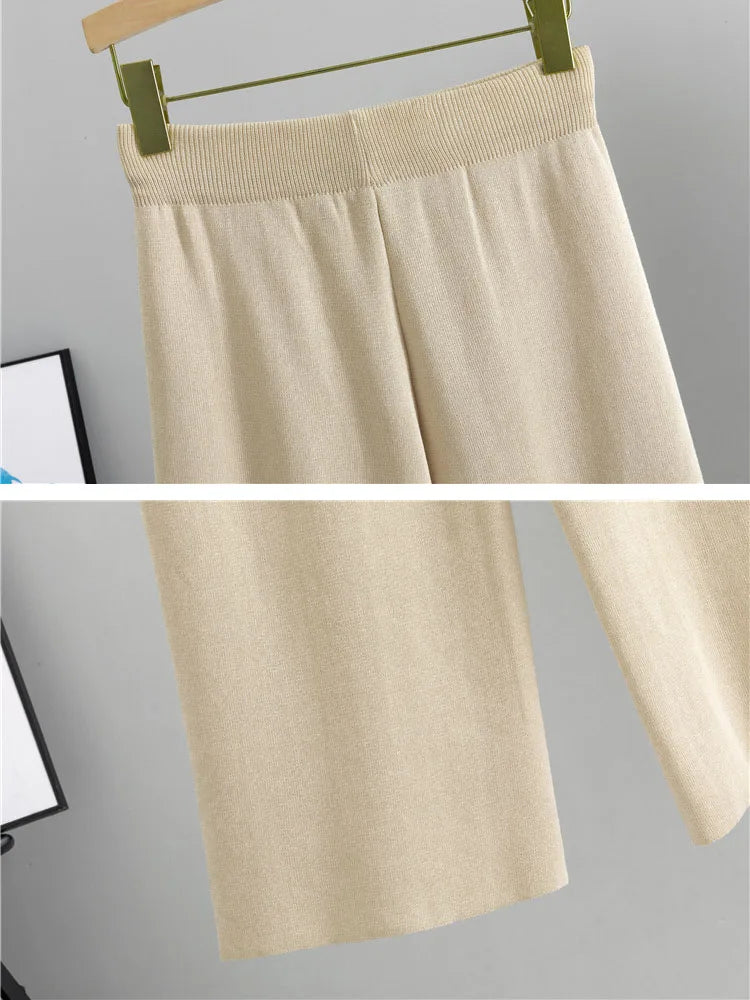 Women Casual Knitted 2 Pieces Sets Korean Cropped Knitwear Sweater Cardigan Tops Conjuntos High Waist Ankle Length Pants Suits