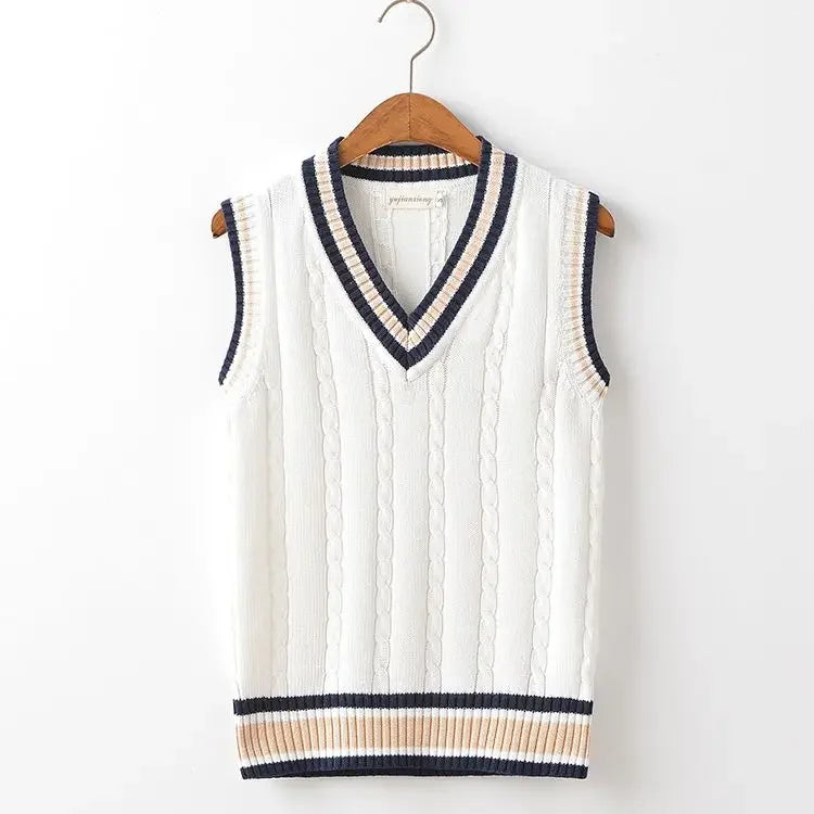 Striped White Knitted Sweaters for Men Blue Sleeveless Man Clothes V Neck Vest Red Waistcoat Jumpers Sweat-shirt Cotton