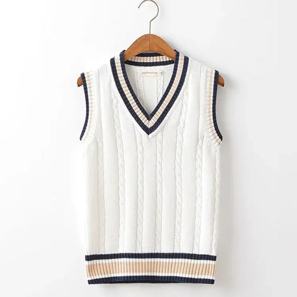 Striped White Knitted Sweaters for Men Blue Sleeveless Man Clothes V Neck Vest Red Waistcoat Jumpers Sweat-shirt Cotton