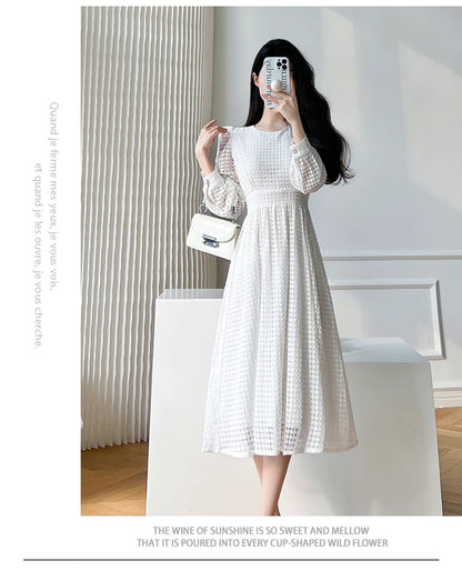 Lace Long Sleeves White Midi Dresses for Women 2025 New Autumn French Elegant Fashion Evening Wedding Party Robe Female Clothing