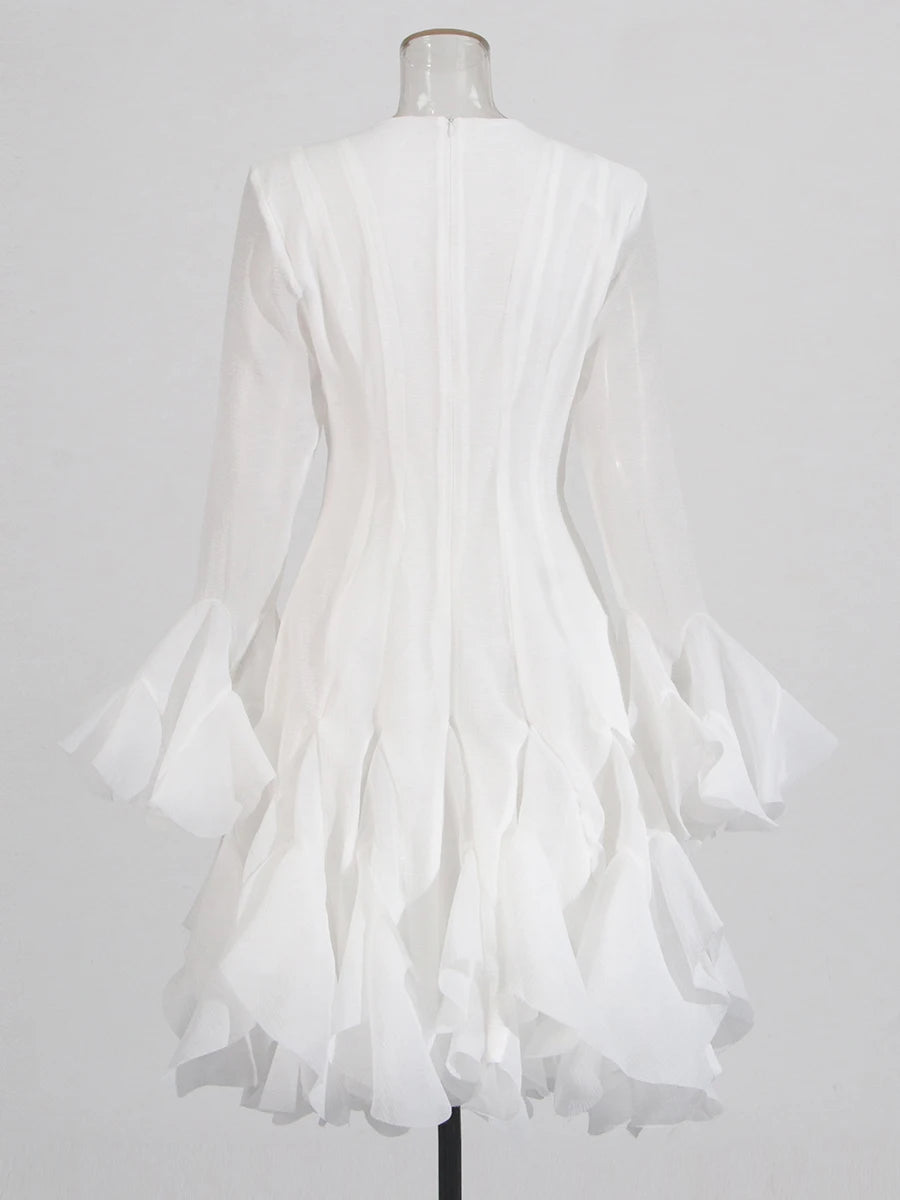 VGH Elegant Spliced Ruffles Midi Dresses for Women O Neck Petal Sleeve High Waist Slim Patchwork Buttons Solid Dress Female New