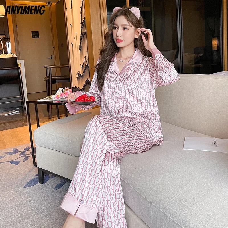 Women Casual Luxury Pajamas Thin Pajamas Female Sleepwear New Elegant Ladies Faux Silk Polyester Dots Pajama Sets Sexy Home wear