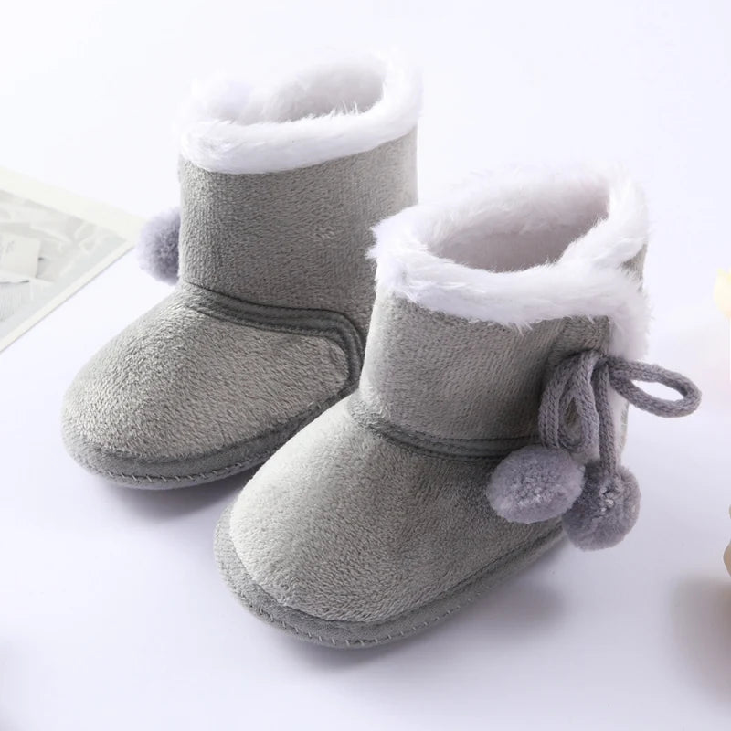Winter Snow Baby Boots Faux Fur Warm Fluff Balls Indoor Cotton Soft Sole Infant Newborn Toddler Baby Shoes 0-18M