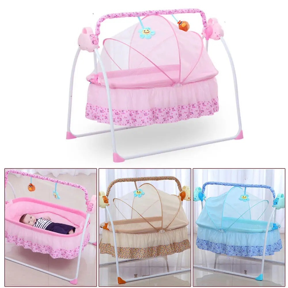 Electric Baby Cradle Auto Swing Rocker Cot Infant Sleeping Bed Swing Crib Kit Timer +Bluetooth Music +Mat +Pillow 5Gears Adjustable