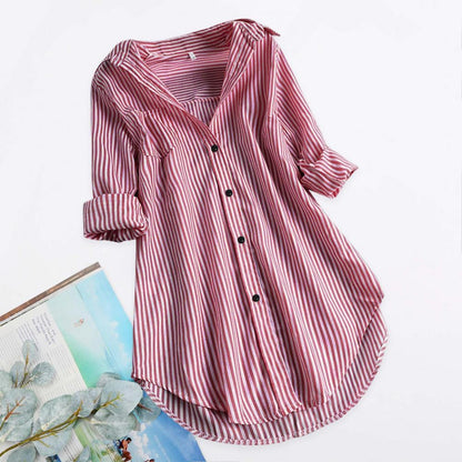 M-4XL Women Tunic Shirt Striped Long-sleeves V Neck Mid Long Turn-down Collar Loose Fit Casual Summer Elegant Ladies Blouse Top