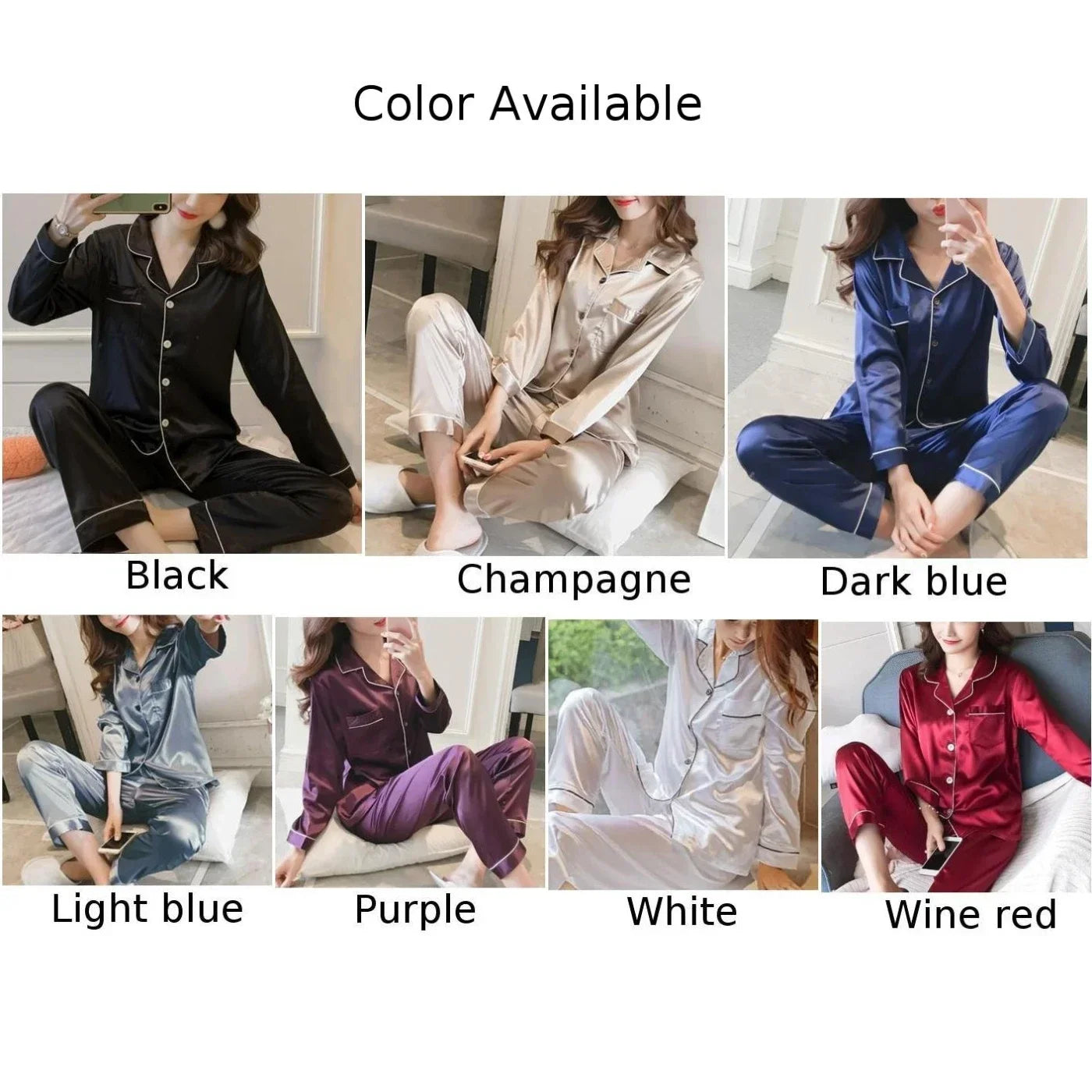 Women Satin Long Sleeve Pajama Set Lapel Top And Pants Solid Pajamas Loungewear 2025 New Arrival Drop-shipping