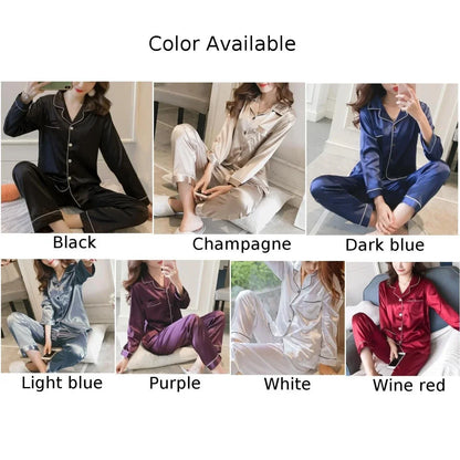 Women Satin Long Sleeve Pajama Set Lapel Top And Pants Solid Pajamas Loungewear 2025 New Arrival Drop-shipping