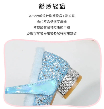 Disney Princess Kids Warm Winter Shoes for Girls Elsa Casual Glitter Children Flat Heel Girls Shoes Butterfly Knot Blue Pink