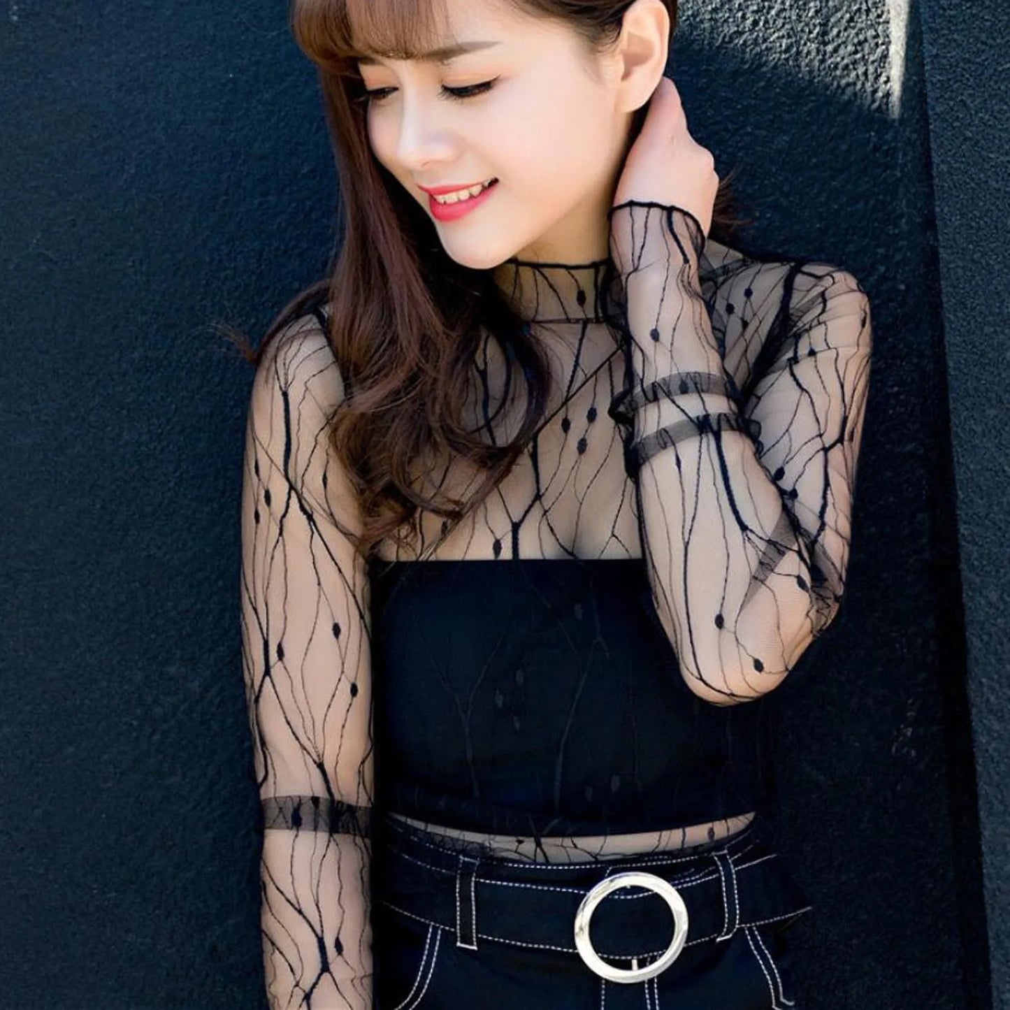 Women Daisy Print Lace Sheer Tops Sexy Tees Long Sleeve Thin Mesh Shirts Fashion Ladies Top 2025 Summer Sunscreen Blouse