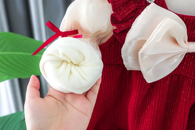 Toddler Baby Girls Dress Autumn  Winter Kids Red Christmas New Year Plush Warm Dress Infant Clothing Set Top+ skirt For 1-4 Years