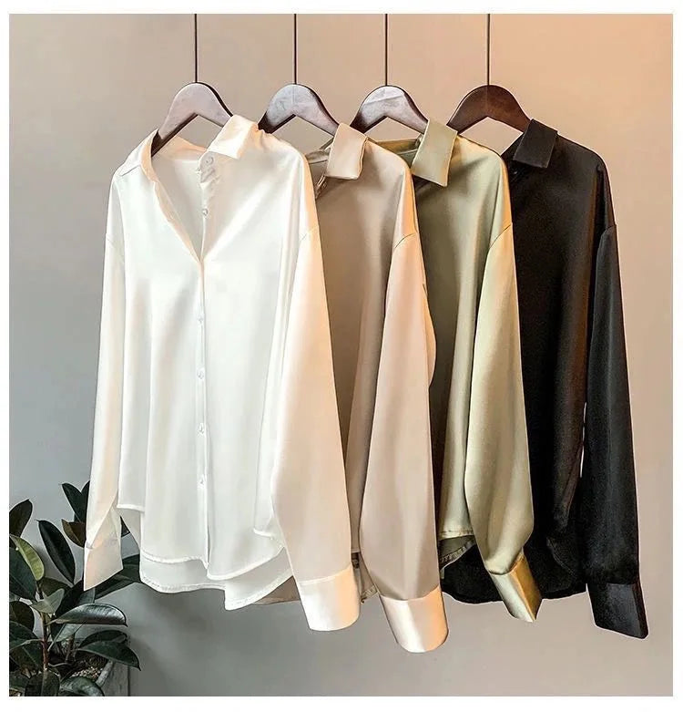 Spring Fashion Button Satin Silk Shirt Hong Kong Style Retro Shirt Women's White Top Women's Long sleeved Women's Loose Street