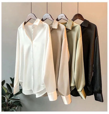 Spring Fashion Button Satin Silk Shirt Hong Kong Style Retro Shirt Women's White Top Women's Long sleeved Women's Loose Street