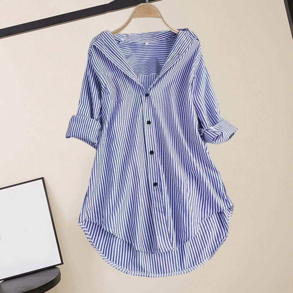 M-4XL Women Tunic Shirt Striped Long-sleeves V Neck Mid Long Turn-down Collar Loose Fit Casual Summer Elegant Ladies Blouse Top