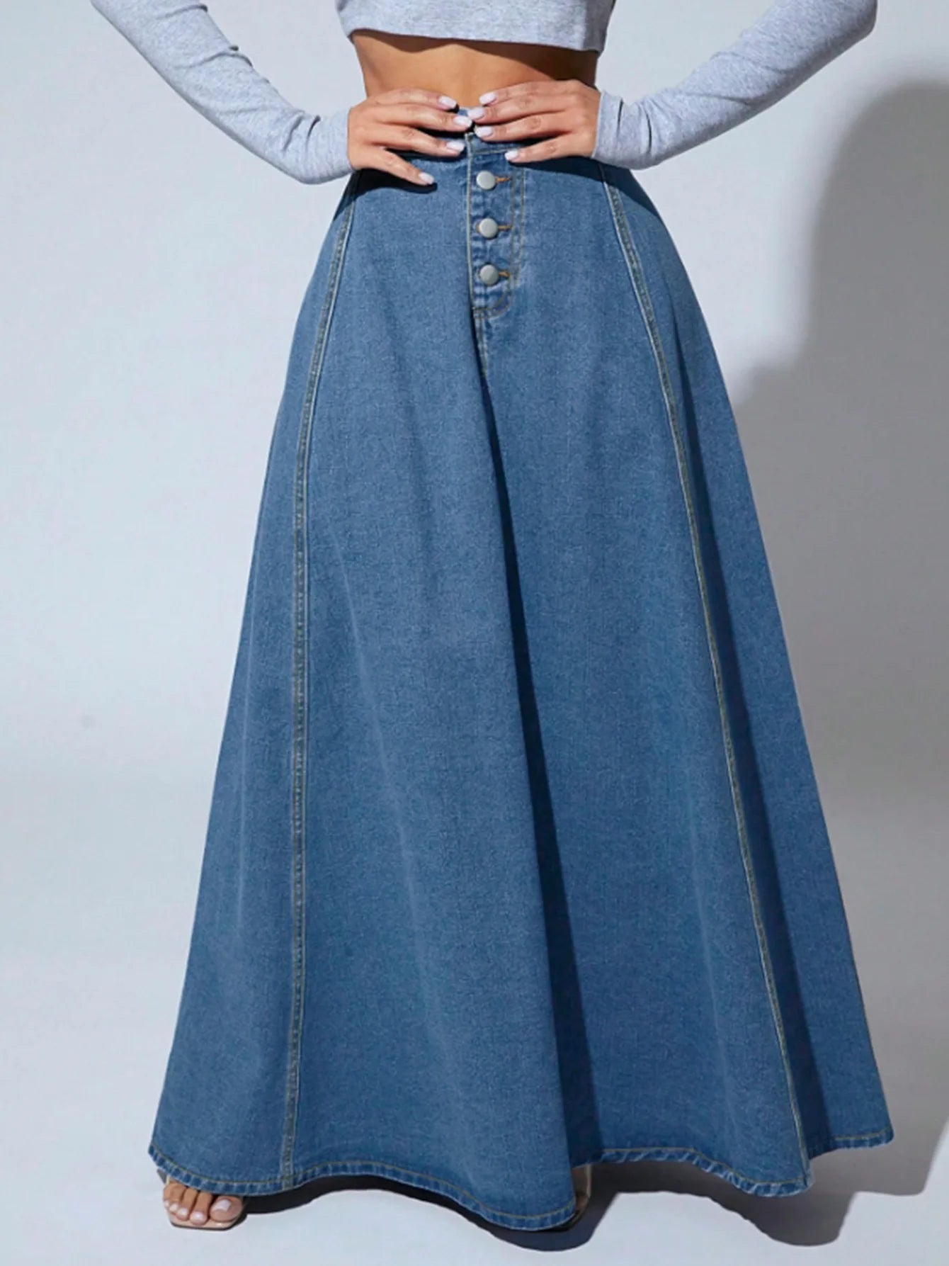 Denim Skirts Women Long Skirt A Line Single Breasted High Waist Jeans Vintage Maxi Simple Casual Elegant Splice Y2k Streetwear