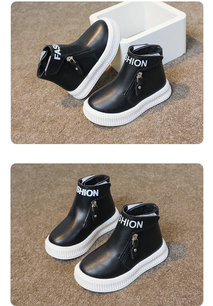 Kids Leather Boots Children Short Sport Boots Side Zipper Round-toe Classic Solid Color Non-slip Boys Girls Fashion Boots 2025