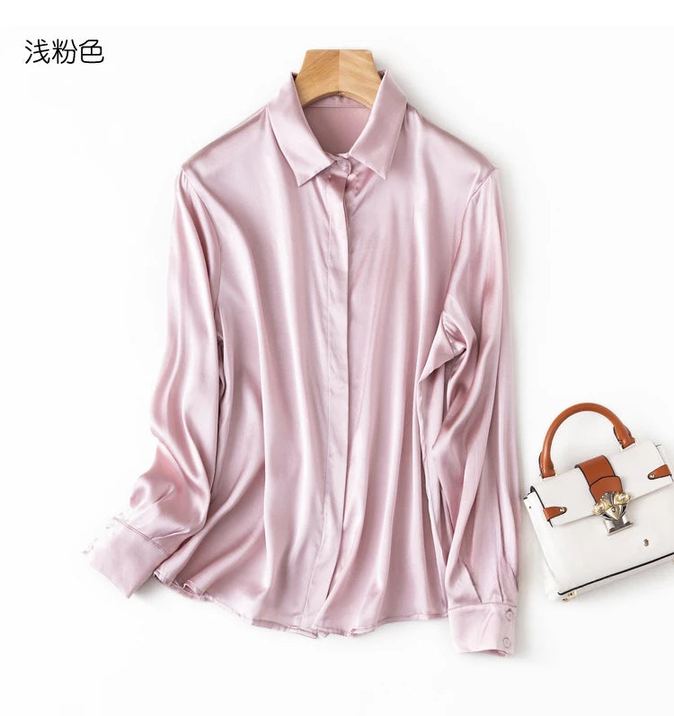 Tajiyane Women's 93% Mulberry Silk 7% Spandex 19 momme satin Silk Buttons long sleeve shirt Top Blouse office work chemise femme