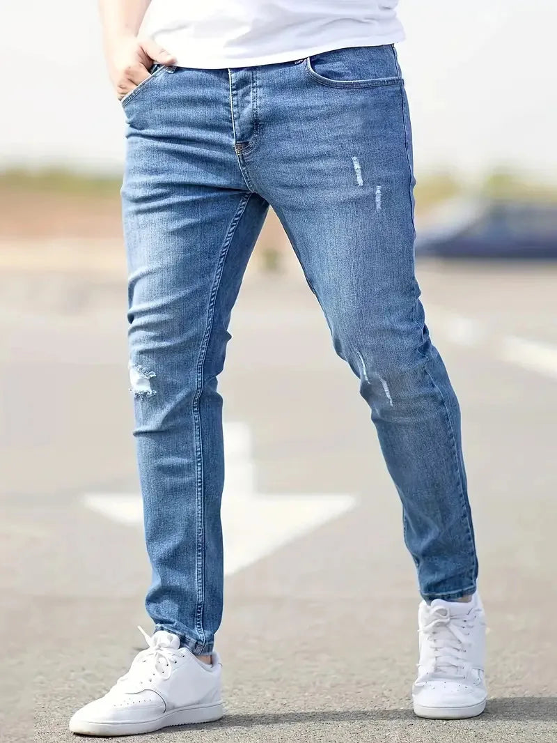 Distressed Men Jeans Denim Holes Skinny Vintage Wash Solid Pencil Pants 2025 Ankle Length Sheath Punk Style Pockets Slim