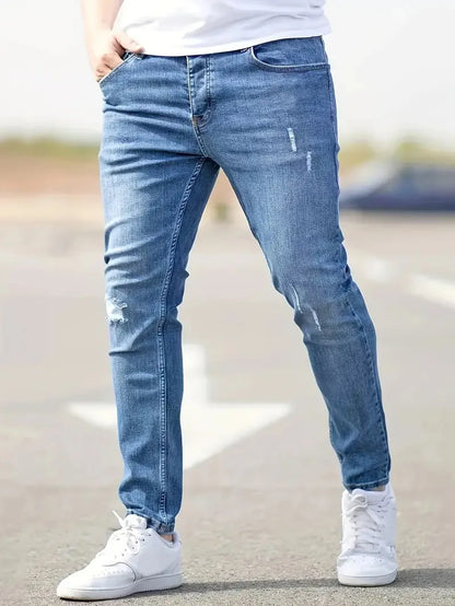 Distressed Men Jeans Denim Holes Skinny Vintage Wash Solid Pencil Pants 2025 Ankle Length Sheath Punk Style Pockets Slim