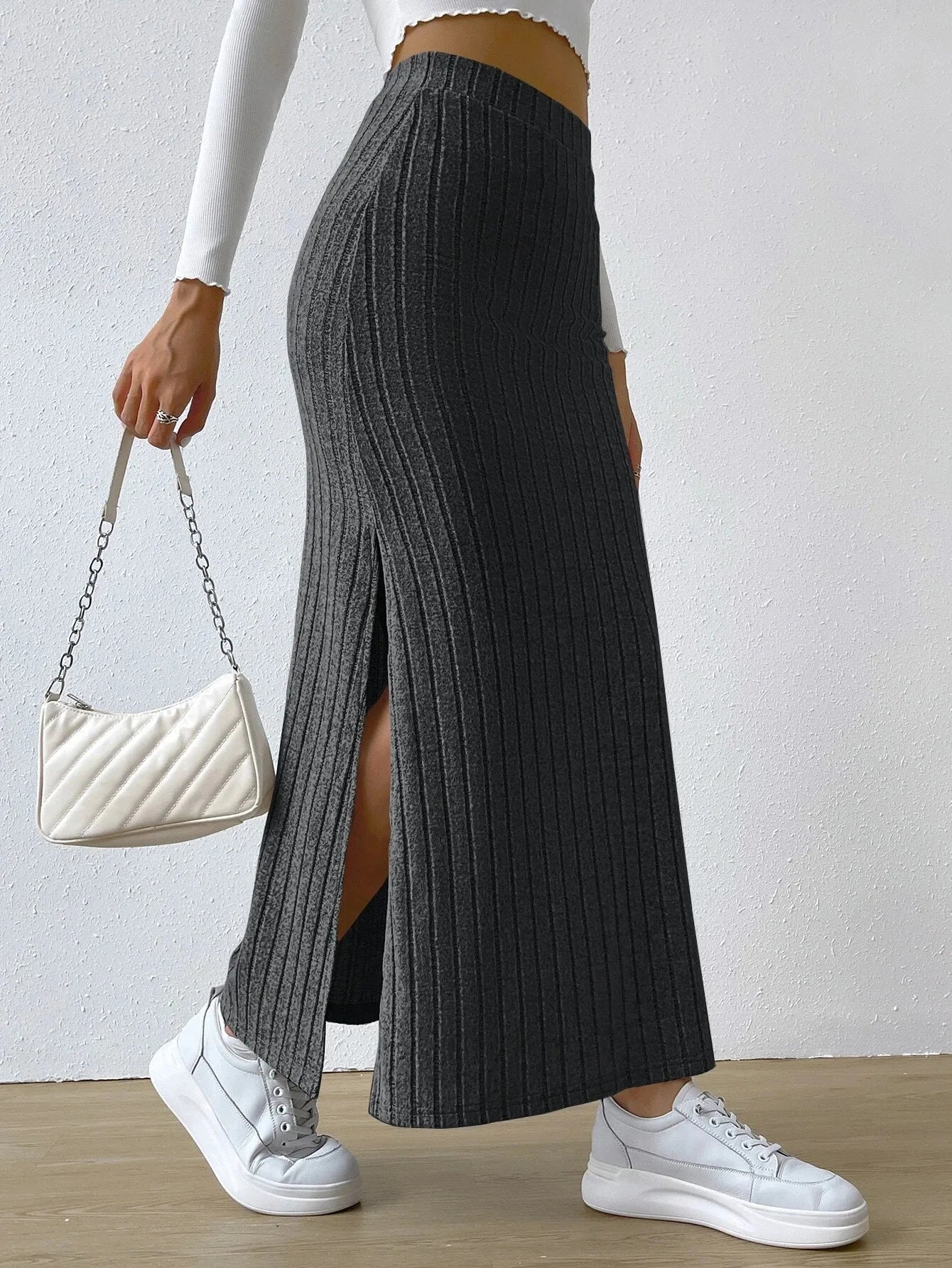 Women's Slit Knitted Skirt 2025 New Solid Color Hip-covering High Waist Side Slim Long Skirt Women's Skirt