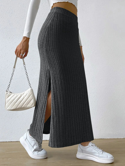 Women's Slit Knitted Skirt 2025 New Solid Color Hip-covering High Waist Side Slim Long Skirt Women's Skirt