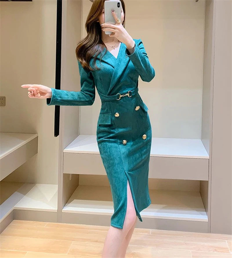 Office Lady Sexy Slim Blazer Dress Women Spring Korean Notched Collar Split Evening Party Dresses Elegant Midi Vestido De Fiest