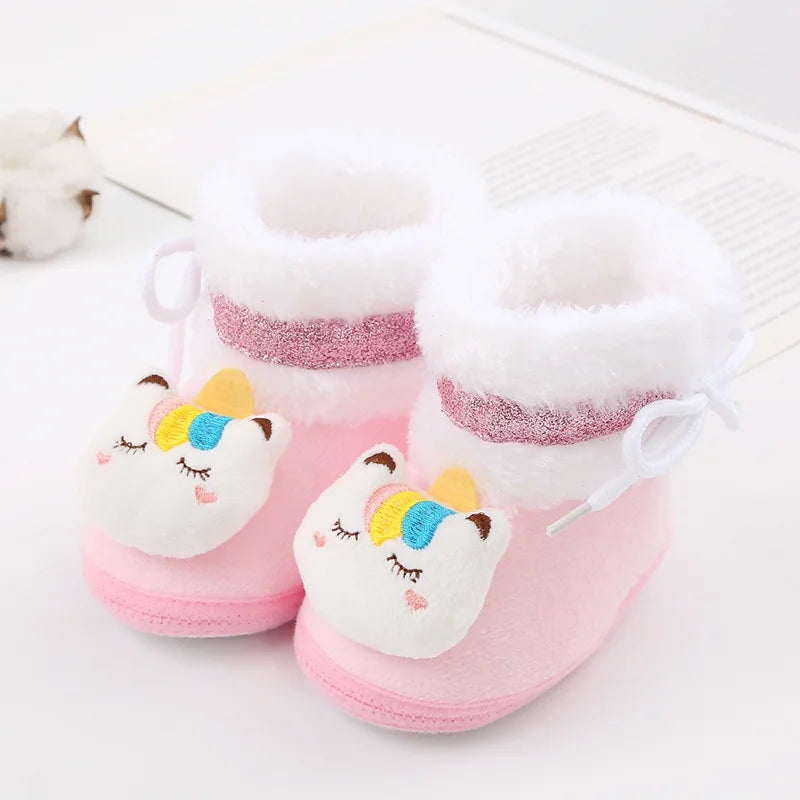 Baywell Cute Cartoon Animal Newborn Baby Boots Winter Plush Snow Booties for Boy Girl Soft Soled Comfortable Warming Shoes