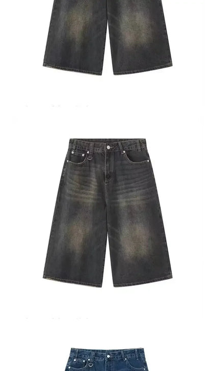 Men Women Y2k Style Baggy Denim Shorts Wide Leg Short Pants Fashion High Waisted Dark Wash Knee Length Loose Unisex Jeans Casual