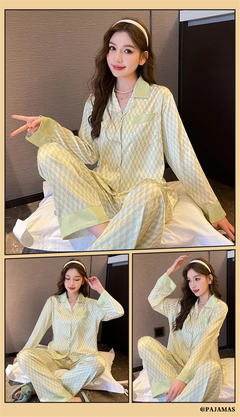 Women Casual Luxury Pajamas Thin Pajamas Female Sleepwear New Elegant Ladies Faux Silk Polyester Dots Pajama Sets Sexy Home wear