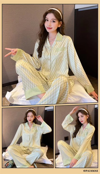 Women Casual Luxury Pajamas Thin Pajamas Female Sleepwear New Elegant Ladies Faux Silk Polyester Dots Pajama Sets Sexy Home wear