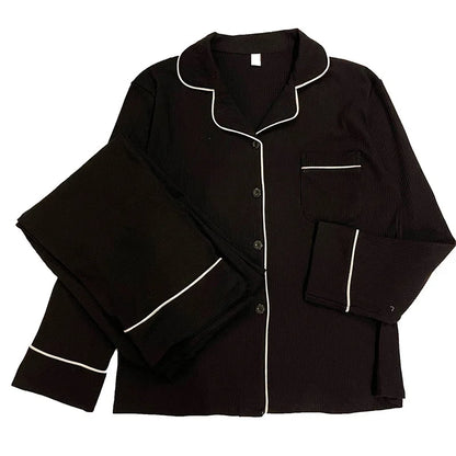 Black Sleepwear Women Pajama Sets Korean Pajama Autumn Pants Sets for Women 2 Pieces Button Night Wears Long Sleeve Home Suit