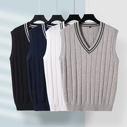 Winter Men Knit Vest Casual Knitted Sweater Cotton Waistcoat v-Neck Knitwear Men's Slim Fit Striped Sweater Vest Man Clothing