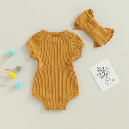 Newborn Baby Girl Clothes Solid Color Ribbed Knit Short Sleeve Romper Bodysuit Jumpsuit with Headband Summer Outfit