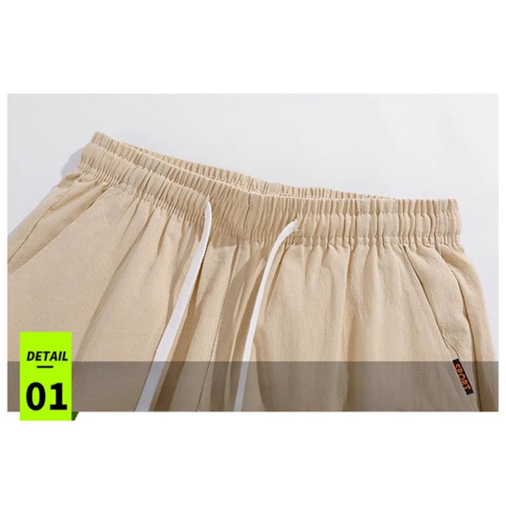 New Men's Cotton Linen Shorts Pants Male Summer Breathable Solid Color Linen Trousers Fitness Streetwear Loose Lace up Bottoms