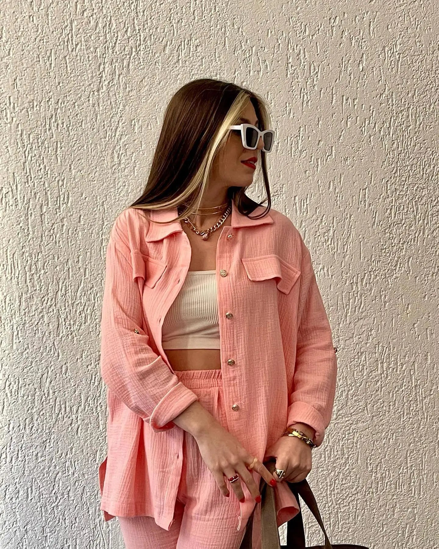 Summer outfits for women 2025 New Loose Button Long Sleeve Shirt and Cropped Pants Casual Sports Summer women's suit Pants Set