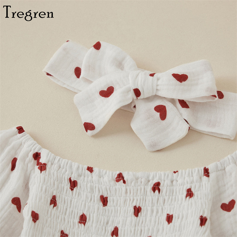 Tregren Infant Baby Girls Valentine's Day Romper Heart Print Long Sleeve Boat Neck Jumpsuits Spring Fall Bodysuits with Headband