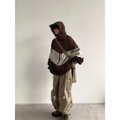 Men Jackets Hooded Baggy Patchwork Contrast Color Fashion Comfortable Waterproof Leisure Daily Retro Outer Japanese Style Chic