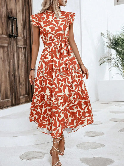 Elegant Women's Flower Midi Dress New Summer Fashion Stand Collar Flying Sleeve Lace Up Dress Casual Beach Holiday Dresses Robe