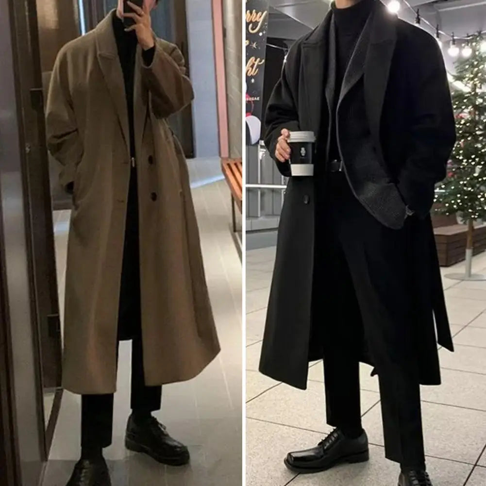 Korean Trend Men's Loose Casual Single-breasted Overcoat Autumn Winter Fashion New Long Sleeve Woolen Long Coat