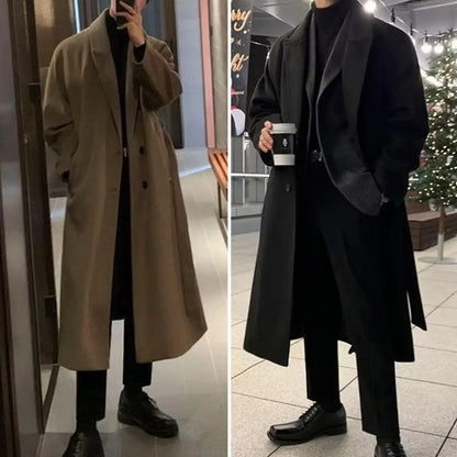 Korean Trend Men's Loose Casual Single-breasted Overcoat Autumn Winter Fashion New Long Sleeve Woolen Long Coat